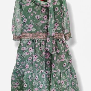 Girls Frocks Chiffon Floral Green Long Sleeved