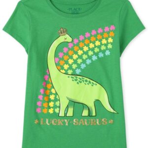 Girls Tshirt Short Sleeved Green Dinosaur Lucky Saurus