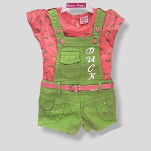 Dungaree Girls  Light Green & Pink Tshirt With Duck Prints