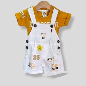 Dungaree Unisex White With Yellow Tshirt Non Stop Fun